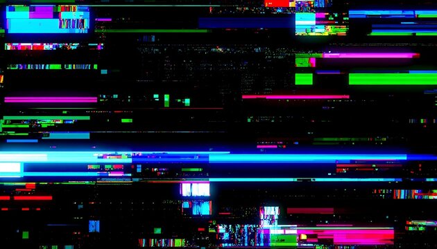 Abstract digital glitch art with vibrant, multicolored horizontal lines on a black background - Powered by Adobe
