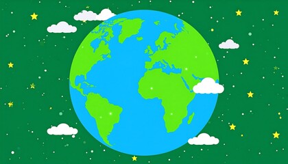 Cartoon Earth surrounded by stars and clouds on a green background