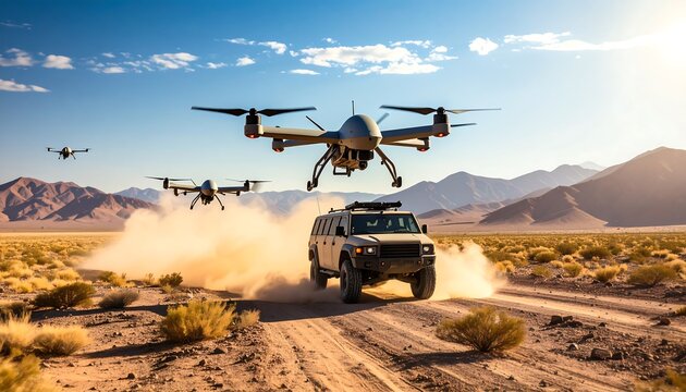Drones and SUV in desert landscape