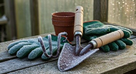 Frostcovered gardening tools and gloves on a wooden surface