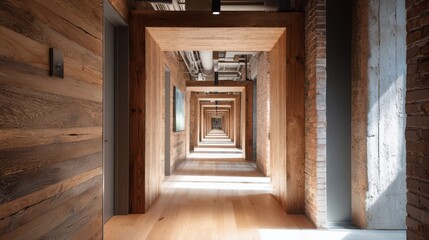 A stunning corridor showcasing an endless perspective with wooden walls and natural light illuminating the space.