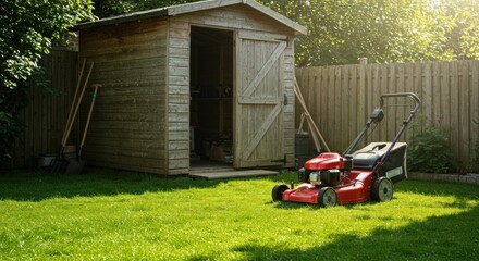 Fototapeta premium Garden shed and mower on a sunny day