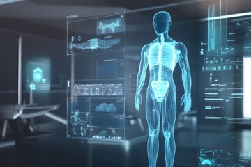 Medical scanner analyzing human body with transparent 3D rendering, advanced digital diagnostics interface.