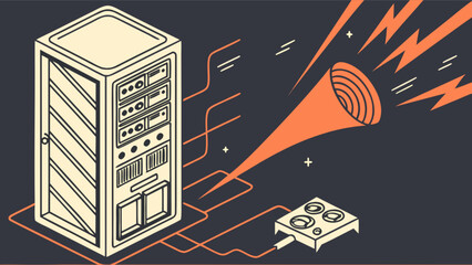 Isometric server rack data center with network connections and lightning strike illustration vector design