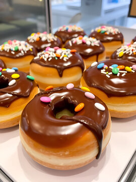 Deliciosas donas glaseadas con chocolate y decoradas con chispas de colores, listas para disfrutar.