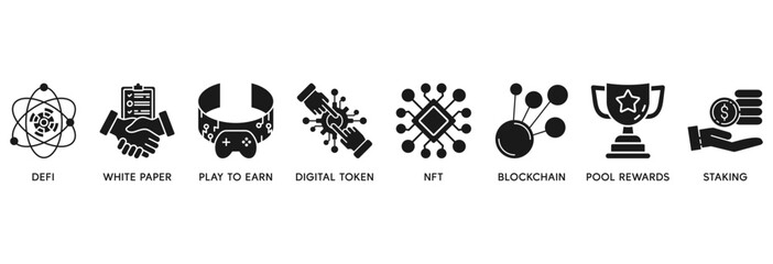 Fototapeta premium Gamefi icon set vector illustration concept relate to defi, white paper, play to earn, digital token, nft, blockchain, pool rewards and staking