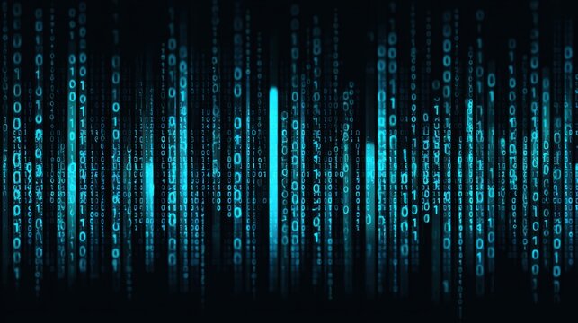 Abstract digital background featuring glowing binary code in a dark environment.