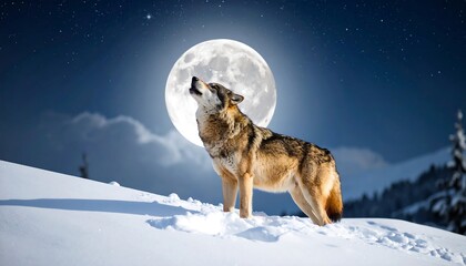 Wolf howling at full moon in snowy mountains