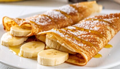 Rolled crepes with banana slices, syrup drizzle, and powdered sugar on white plate