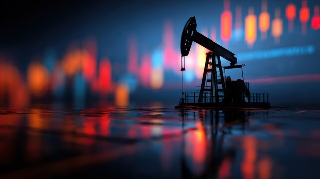 An industrial oil pump silhouetted against colorful data visualizations, illustrating energy production and finance.