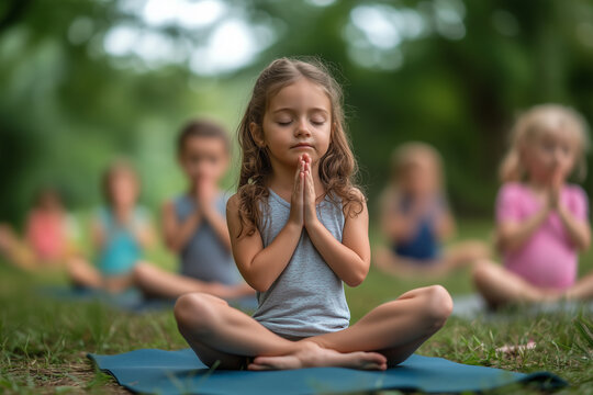 Kids doing yoga in the park - Powered by Adobe
