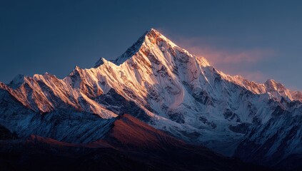 Majestic snow-capped mountain peak bathed in golden sunrise hues, dramatic mountain range