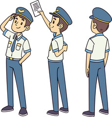 Cartoon Airline Pilot Vector Male Character in Uniform with 3 Professional Poses.