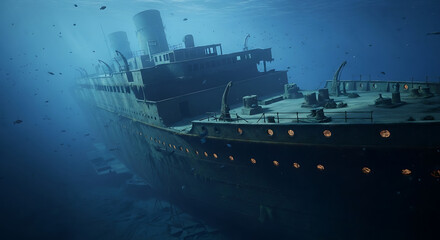 Underwater Shipwreck on Ocean Floor &ndash; Sunken Vessel in Deep Sea