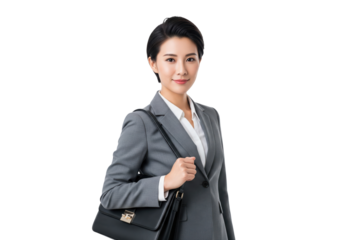 Confident Asian Businesswoman with Handbag, isolated on a transparent background
