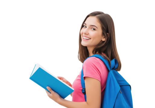 Happy Female Student with Book and Backpack, isolated on a transparent background