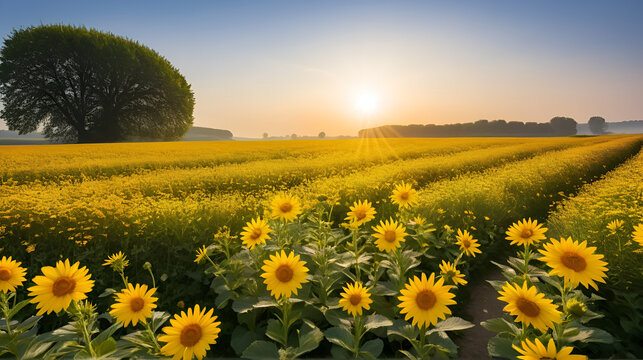 Le soleil levant dans un champ de fleurs