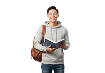 Happy Student with Book and Backpack, isolated on a transparent background

