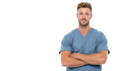 Obraz premium Confident male healthcare worker in scrubs, arms crossed, standing against a white background, ready for action.