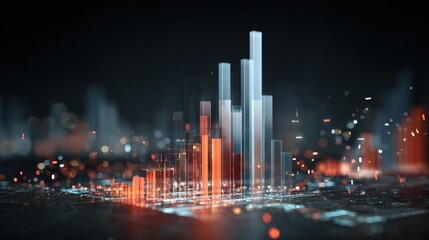 Dynamic digital visualization of data analysis with glowing bar graphs representing growth and trends.