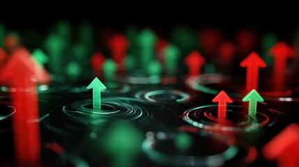 Dynamic visualization of market trends with arrows representing upward and downward movements amid rippling effects.