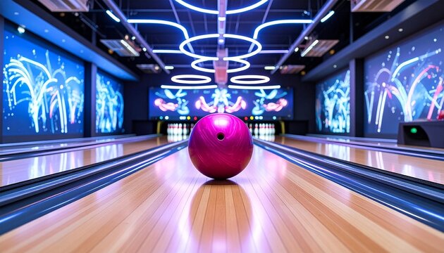 Pink bowling ball centered on polished lane in modern alley, illuminated blue-white patterns and circular ceiling lights