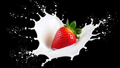Strawberries splashing into milk, black background