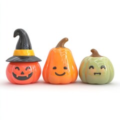 Cute smiling halloween pumpkin characters with witch hat and vampire fangs