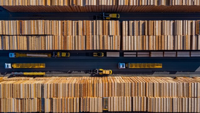 Aerial view of timber stacks in geometric patterns at lumber yard