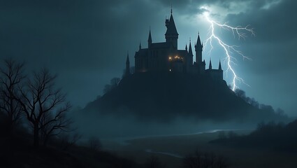 Naklejka premium Mysterious Dark Castle on Hilltop Lit by Lightning in Stormy Night Halloween background