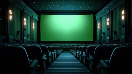 Inside a cinema, empty seats facing a large, green screen, ready for movie magic.
