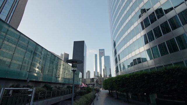 Beautiful architecture of the business district of Paris Courbevoie. Business buildings and glass skyscrapers in the capital of France.