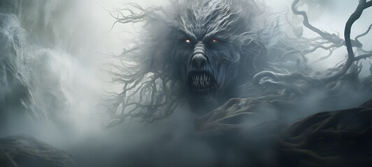 a light banyan monster , coming out of the smoke, generative AI