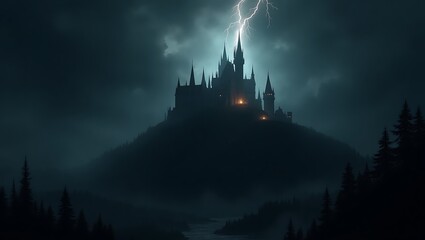  Mysterious Dark Castle on Hilltop Lit by Lightning in Stormy Night Halloween background
