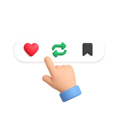 3D illustration of a hand pressing a red heart button on a clean white bar. Minimal floating style for social media and engagement visuals.
