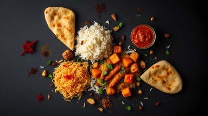 Spicy Indian street food scattered on a black background, rice, spices,  rice, spices, dark,naan, spicy