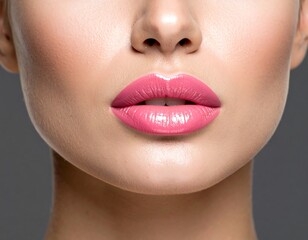 Fototapeta premium Close-up beauty shot showcasing perfect pink lips and flawless complexion technique