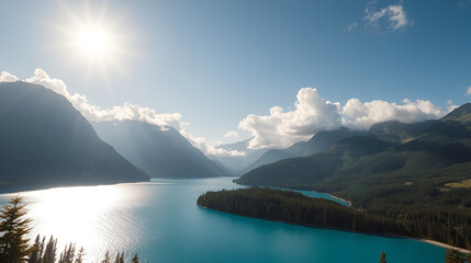 Glistening azure lake encircled by swiss peaks. Fluffy clouds float over the picturesque scenery as the sun shines luminously. Summer atmosphere seized near limmerensee, glarus. Time-lapse perspective