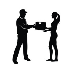 Silhouette of delivery person handing package to recipient woman on white