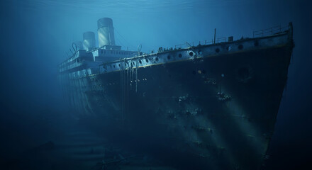 Underwater Shipwreck on Ocean Floor &ndash; Sunken Vessel in Deep Sea