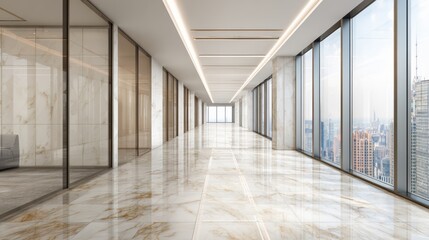 Fototapeta premium Modern office corridor with glass walls and polished marble floor, showcasing urban architecture and elegance.