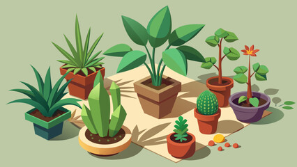 Fototapeta premium Vector art of a charming collection of various potted plants and succulents in a flat design style