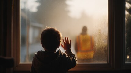 Faceless morning: child waving goodbye through window at sunrise