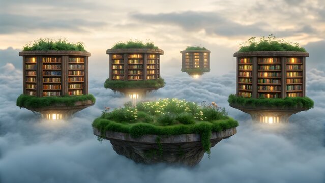 Enchanting floating islands with libraries and lush greenery in the sky