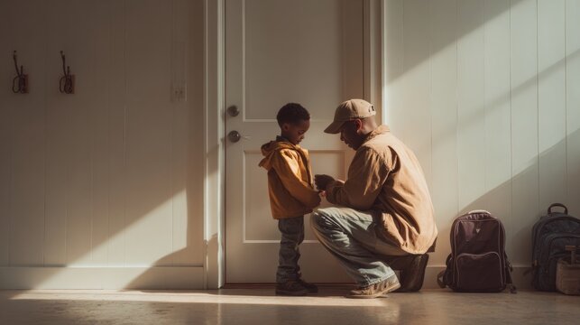 Faceless moment of parent preparing child for day at school or outdoor adventure
