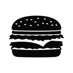 Black and white simple line art icon of a burger on white