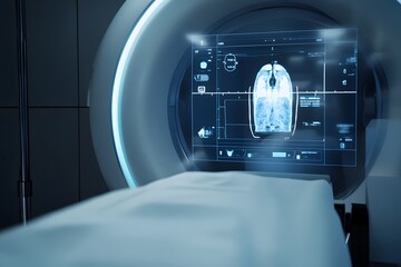 Advanced MRI machine with transparent UI overlay, high-end medtech lab setting.