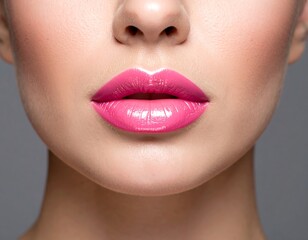 Fototapeta premium Close-up of a woman's face featuring vibrant pink lipstick and flawless skin