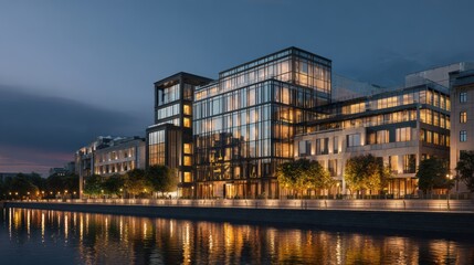 Modern urban architecture reflecting vibrancy at night, illuminated buildings along a serene riverfront.