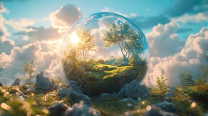 Crystal sphere reflects a verdant landscape